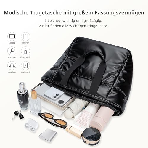 Tote Bag for Women,Lightweight Puffer Work Tote with Zipper,Quilted Shoulder Handbag for Travel Work Gym3