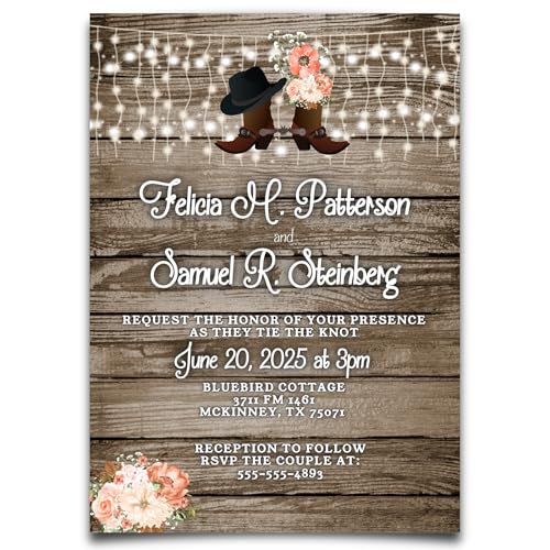 Country Rustic Personalized Boots Wedding Invitations Custom Printed Pink and Brown Invites with Envelopes