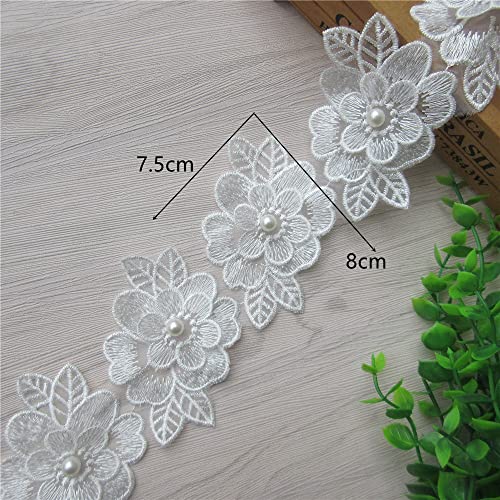 Shbbon K79-M5 2 Yards 3D Flower Lace Trim Pearl Embroidered Polyester Lace Ribbon Fabric Applique Patchwork thumb #1