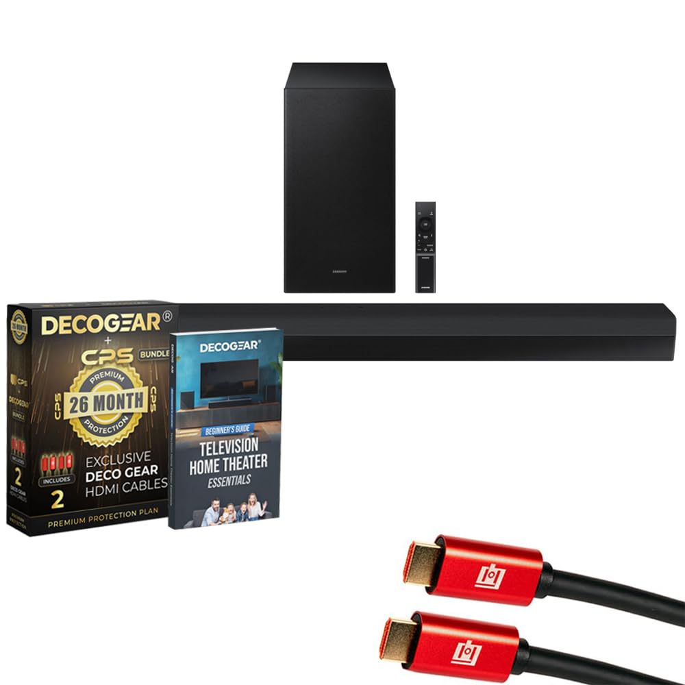Samsung HW-B750D 5.1ch Soundbar with Dolby Virtual:X DTS (2024) Bundle with CPS Exclusive 26 Month Protection Pack, 2X 4K HDMI 2.0 Cable and Deco Gear Complete Home Theater Beginner's Guidebook