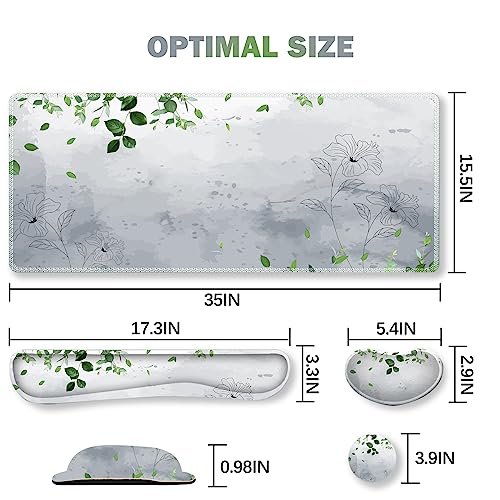 Image of ARTSO Gaming Mouse Pad Wrist Support Set, XXL Large Desk Mat Mousepad + Keyboard Wrist Support+ Mouse Wrist Rest+Coaster 4in1 Ergonomic, Memory Foam -Green Leaves and Line Flower