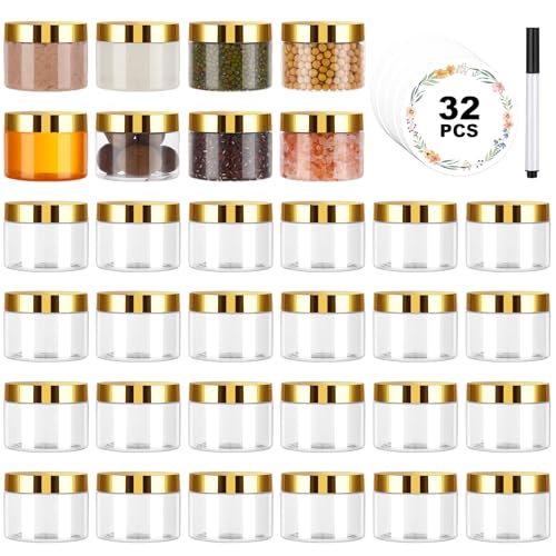 32 Pack 5 oz Plastic Jars with Gold Lids, Clear Empty Body Butter Containers Travel Size Cosmetic Bottles for Make Up and Food Storage