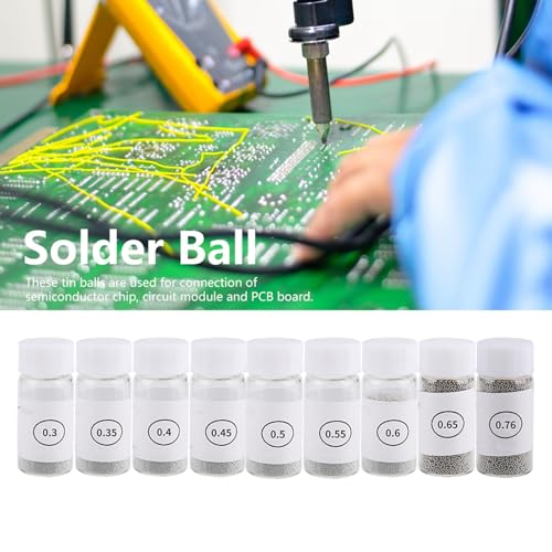Image of BGA Tin Solder Ball, 9 Bottles 0.3-0.76mm Reballing Stencils, BGA Solder Bead for PCB Board GPU CPU IC Chip Circuit Module