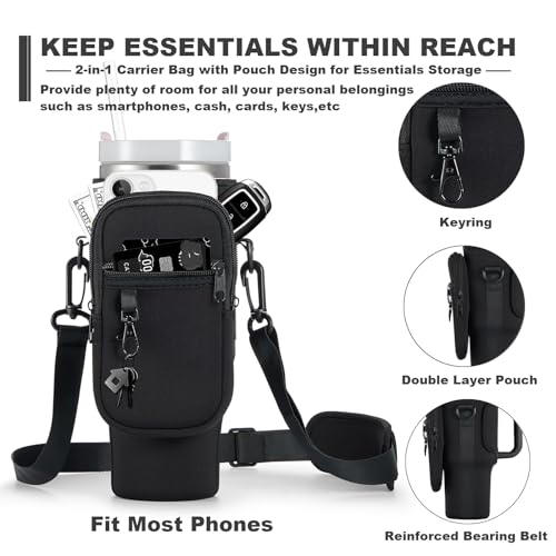 Image of Water Bottle Carrier Bag with Phone Pocket for Black Stanley 40 oz Tumbler with Handle, Black Insulated Neoprene Cup Holder Pouch Strap for Valentines Stanley Cup Accessories