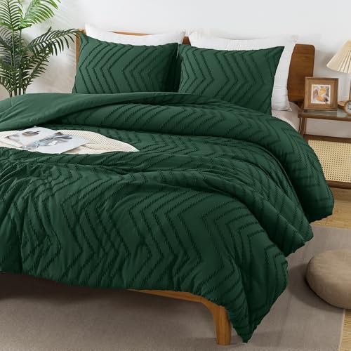 Image of Andency Emerald Green Comforter Set Full Size, Boho Dark Green Soft Warm Bedding Comforter Sets for Full Bed, 3 Pieces Forest Green Vintage Chevron Tufted Aesthetic Comforter Set