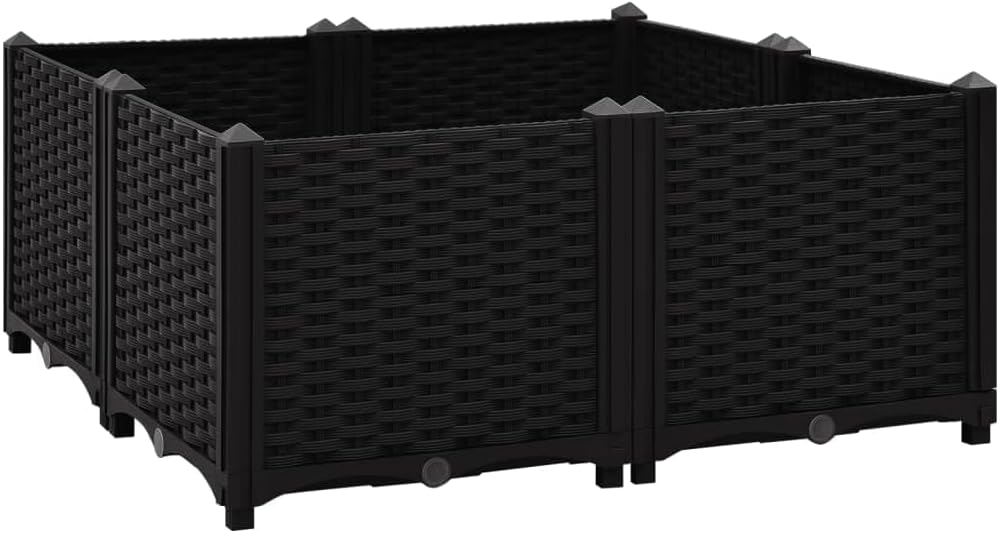 vidaXL Planter, Raised Flower Bed with Rattan Look, Plant Box, Outdoor Planter for Patio Backyard Garden Balcony Vegetables Herbs, Black Polypropylene