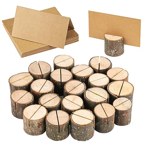 Fyihoxi 20 Stück Kartenhalter Holz Menükartenhalter Tischkartenhalter Platzkartenhalter Halterung für Getränkekarten - für Hochzeiten, Weihnachten, Taufe, Geburtstage(20 Halter + 20 Kraftpapier)
