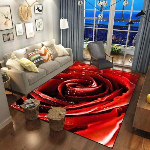 Illusionsteppich, Rote Rosenpflanze 3D-Flächenteppiche, Schlaf- Und Wohnzimmer, Rechteckige rutschfeste Bodenmatte, Nachttisch, Heimtextilien-Teppich, Weich Und Hautfreundlich 80 X 160 cm -6L8K3O2