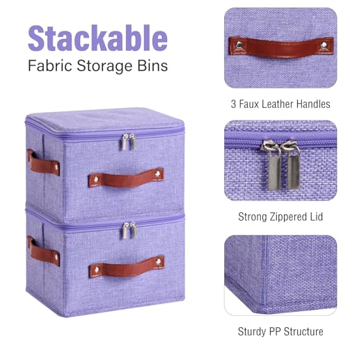 Image of 3PCS Storage Bins Boxes with Zippered Lids Cotton Linen Fabric Decorative Basket PU Leather Handles PP Plastic Board Foldable Lidded Clothing Shelf Closet Organizer Container (Purple, Small)