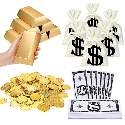 Tinlade Money Party Decorations 50 Money Treat Bags 36 Fake Gold Bar 200 Fake Gold Coins 100 Banknotes for Treasure Hunt Game Pirate Theme Birthday Party Supplies