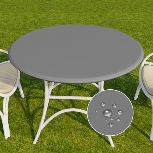 Romanstile Round Vinyl Tablecloth, 100% Waterproof Elastic Fitted Table Covers for 36"- 44" Tables, Wipeable Flannel Backed Plastic Table Cloths for Picnic, Camping, Outdoor - Grey