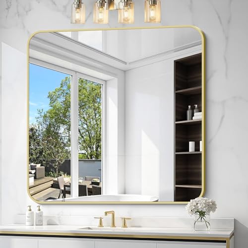 Image of Gold Bathroom Mirror, 42x42 Inch Metal Framed Square Mirror, Rounded Corner Gold Vanity Mirror, Large Wall Mounted Mirrors for Living Room Bedroom Entryway Hangs Horizontal or Vertical