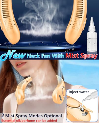 Image of Neck Fan that Blow Cold Air with Mist Spray, Rechargeable with Long Battery Powered, Foldable Water Cooler with LED Display, Leafless Necklace Fans for Women Adult Hot Flashes Summer Outdoor, Apricot