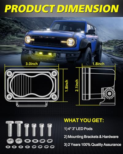 Image of LED Pods, AKD Part 4Pcs 3 inch 80W CREE LED Pod Lights Spot Flood Combo Small Off Road Driving Lights Ditch Chase Light for Trucks Motorcycle UTV ATV SUV Dirt Bike - White & Yellow