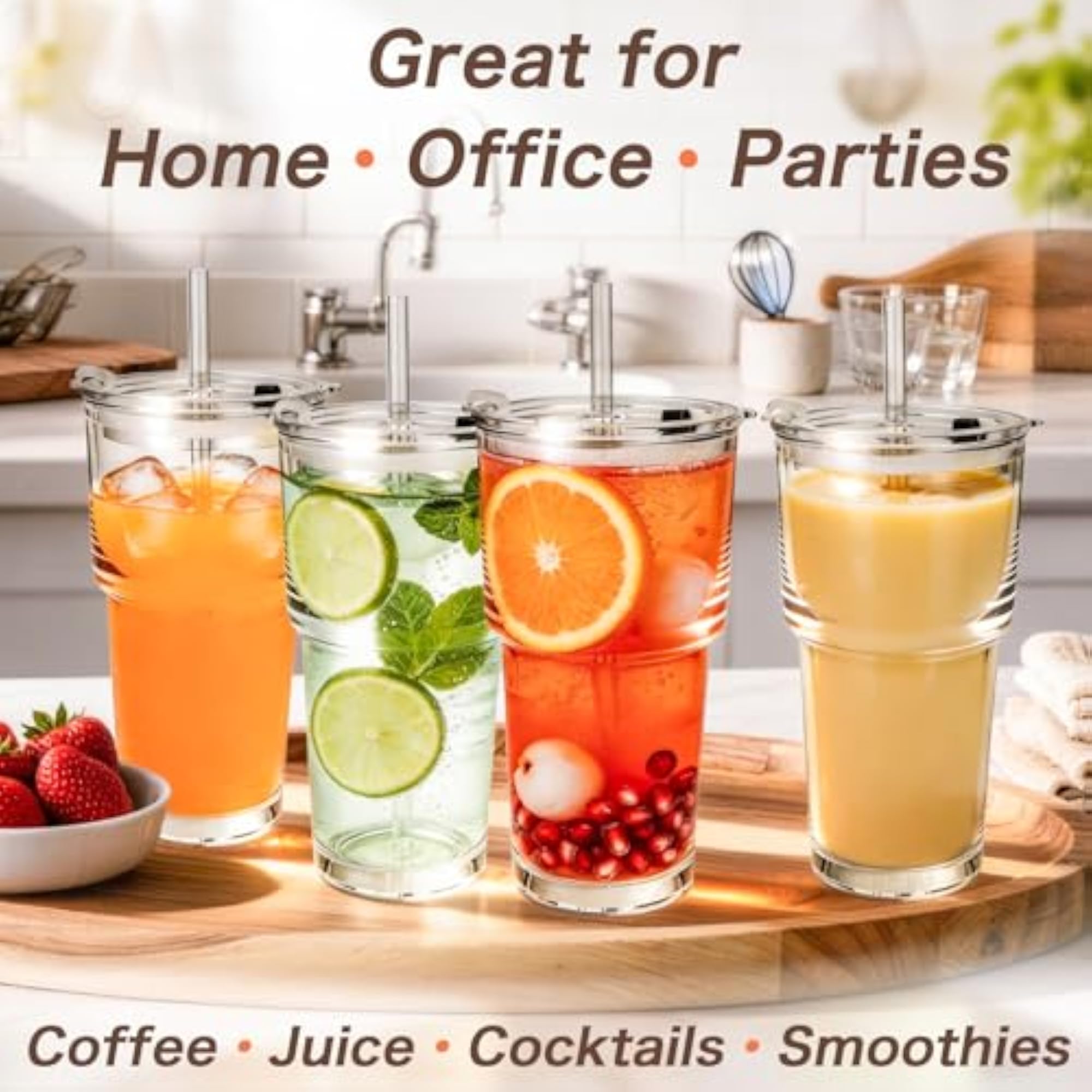 Clear Iced Coffee Cups with Lids - 4 Pack, 20oz