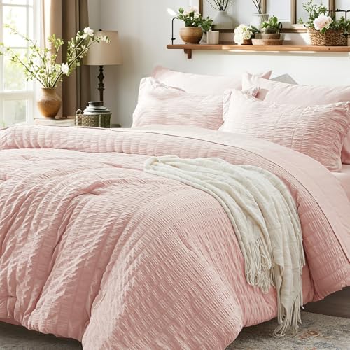 Image of Zzlpp Twin Comforter Set - 5 Pieces, Pink Seersucker Bed in a Bag with Comforter, Pillow Sham, Pillowcase, Flat Sheet, Fitted Sheet