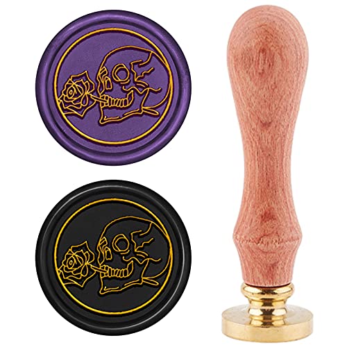 CRASPIRE Skull Wax Seal Stamp Halloween Gothic Wax Sealing Stamps Rose Flower Retro 25mm Removable Brass Head Wooden Handle for Envelopes Invitations Wine Packages Greeting Cards Wedding