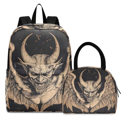 Backpack Lunch Box Set Large Capacity Travel Backpacks and Insulated Lunch Bag for Commute Hiking Picnic Evil with Wings Print