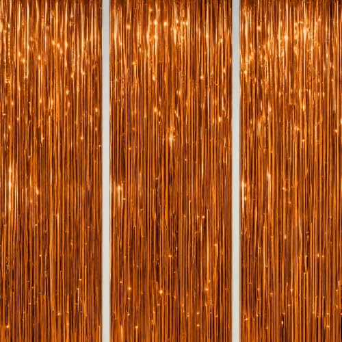 Image of DECOCKRAT 3 Pack Foil Fringe Backdrop - Bronze Shiny Tinsel Curtains for Party Decoration /Photo Booth Props - 3.3x8.2 FT Metallic Foil Backdrop for Birthday, Wedding, Graduation, Christmas.