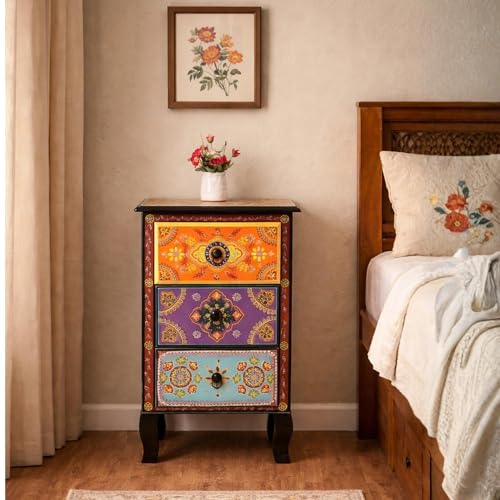 Image of FURNWEAVE Wooden Bedside Table for Bedroom | 3 Drawer Side Table | Handpainted Rajasthani Chest of Drawers | Solid Wood Small Bedside Table with Drawer Storage for Living Room (Multicolour-BS4)