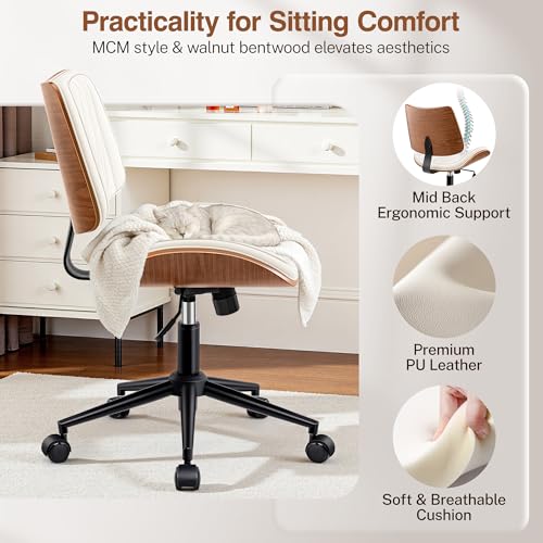 Image of Ergonomic Armless Office Desk Chair - Mid-Century Modern White Faux Leather with Diamond Stitch, Adjustable Height Swivel Rolling Task Computer Chair with Walnut Accent for Home Office, Study & Work