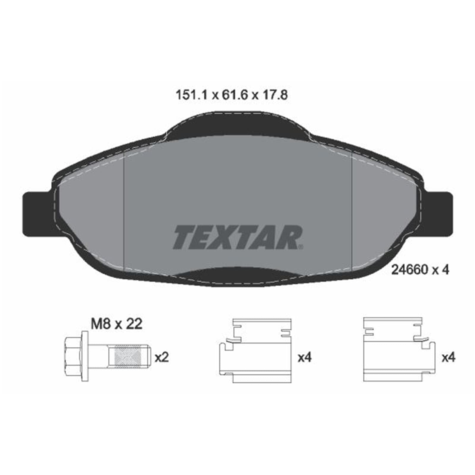 TEXTAR Juego de pastillas de freno Delantero no preparado para indicador de desgaste con accesorios 2466001 Juego de pastillas de freno Compatible con PEUGEOT 308 SW I 4E, 4H 3008 I 0U 308 CC 4B