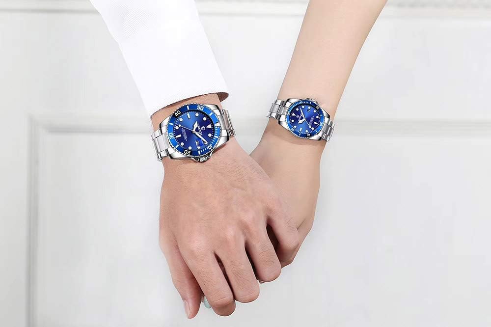 MASTOP Couple Watches Classic Silver Stainless Steel Watch Quartz Watch with Date His and Hers Gifts Set of 2