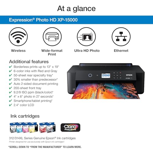 Epson Expression Photo HD XP-15000 Wireless Color Wide-Format Printer, Amazon Dash Replenishment Ready, Black, Large