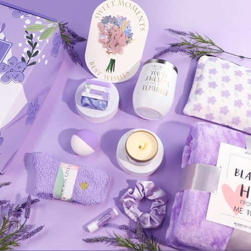 Image of Birthday Gifts for Women, Self Care Gifts for Women, Relaxing Spa Gifts Basket Care Package w /Flannel Blanket, Mothers Day Gifts for Mom Her Best Friend Grandma Sister Wife (Purple)