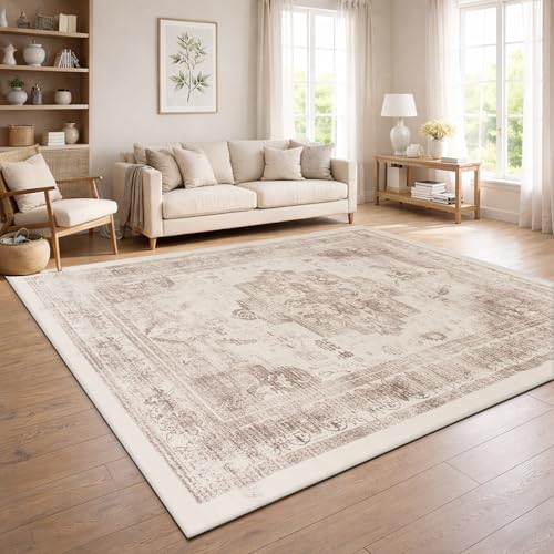Paco Home Tapis De Salon Vintage Poil Court Style Boho Lavable Antiderapant Entretien Facile Design Retro Moderne, Couleur:Beige 2, Dimension:120x160 cm