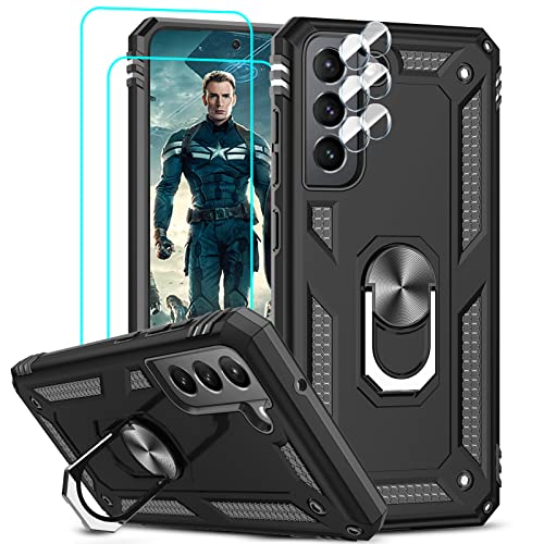 LeYi for Samsung Galaxy S21 FE 5G Case and 2 Tempered Glass Screen Protector and 2 Camera Lens Protector Ring Holder Military Grade Protective Silicone Shockproof Tough Hard Armour Phone Cover Black