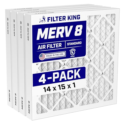 Filter King 14x15x1 Air Filter (MERV 8) (4-Pack) Dust & Allergy Control AC Furnace Filters, MADE IN USA, HVAC, Pleated, Electrostatic (Actual Size: 13.5 x 14.5 x .75)