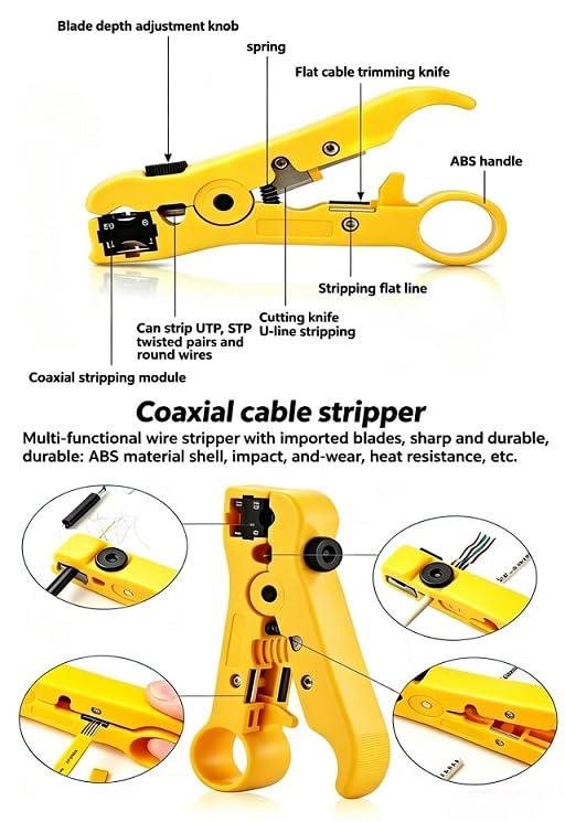 Kit d'Outils Réseau Multifonction, Jaune et Noir, Pince à Sertir, Testeur de Câble, pour CAT5/CAT6/CAT7, avec Sac de Rangement