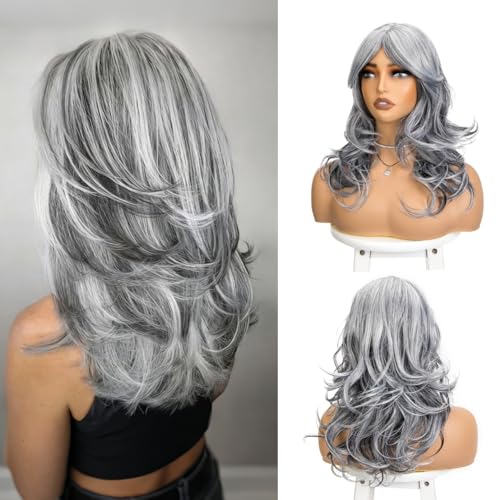 Aientt Short Sliver Grey Layered Wig with Curtain Bangs Synthetic Gray Layered Wavy Middle Part Butterfly Hair Wigs for Black White Women Party Cosplay Costume 18Inch Grey