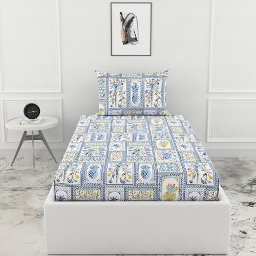 Image of LORETO - A QUALITY LINEN BRAND 144 TC 100% Pure Cotton Single Fitted Bedsheet with 1 Pillow Cover for 72 x 36 Inch Mattress, All-Around Elastic, 8 Inch Deep Pocket, Royal Parrot Flora Print - Blue