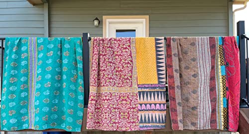Craftintegration Vintage Handmade Kantha Quilts Tribal Kantha Cotton Bed Cover Throw Assorted Patches Made Rally Reversible Bedspread Throw Old Sari Assorted Patches Indian Blanket 10 PCS Lot