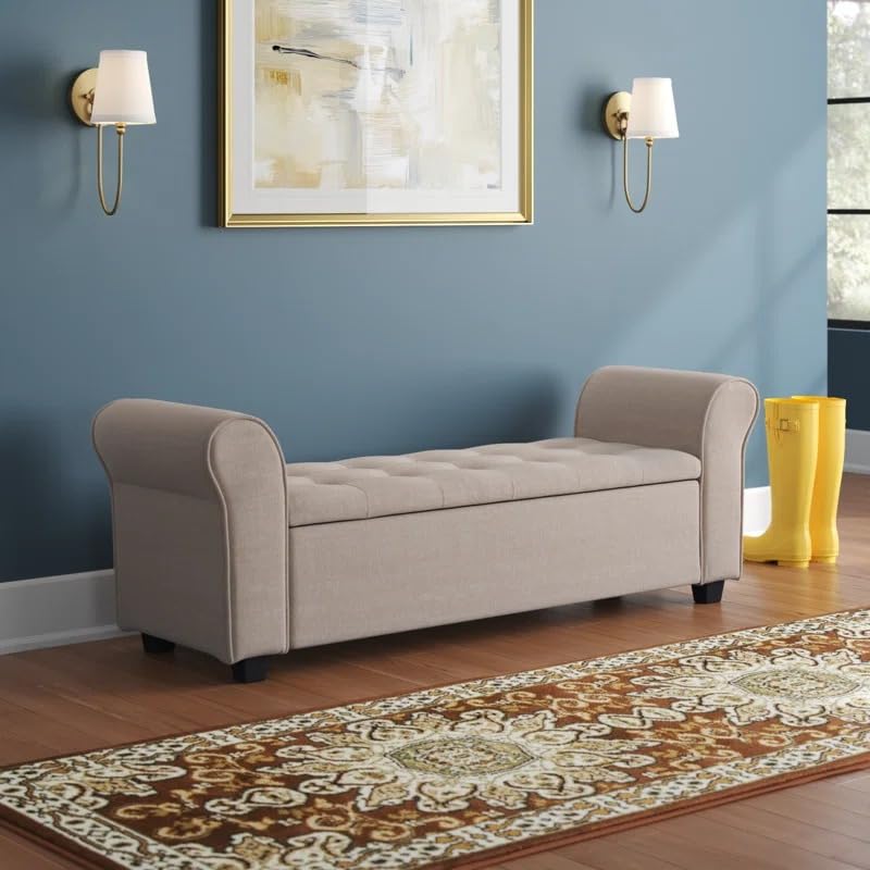Image of 2 Seater Storage Ottoman Bench with Rolled Arms | Upholstered Fabric Sofa Bench with Hidden Storage | Bedroom Living Room Entryway Seating | Tufted End of Bed Bench Footrest Lounge Seat | Beige