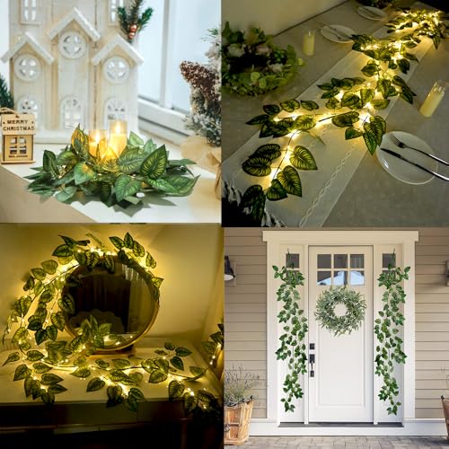 Image of 6.56FT Green Vines Garland with Lights 96 LED Battery Operated with Timer Faux Photos Vines Twig with Lights Spring Garlands Decortions for Mantel Fireplace Table Wall Patio Wedding Holiday Home Decor