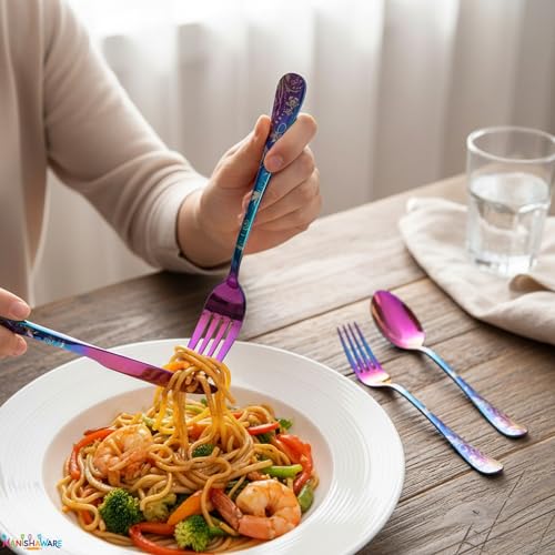 Image of Floral Rainbow 20 Pcs Stainless Steel Cutlery Set for Dining Table, Dishwasher Safe Glossy Flatware (4 Spoon Set+4 Forks Set+4 Butter Knife+4 Dessert Spoon+ 4 FruitFork)