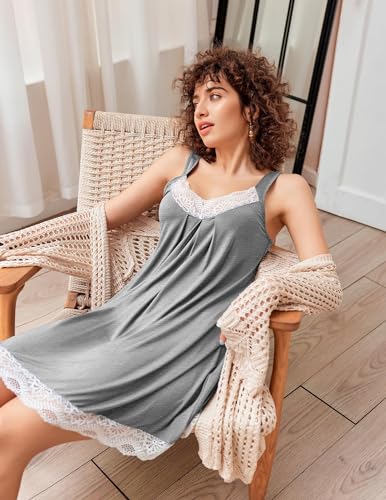 Ekouaer Damen Nachthemd Ärmellos Chemise Nachtwäsche Sexy Lose Full Slips Spitze Negligee V-Ausschnitt Nachtwäsche Soft Jersey Dessous 2pcs schwarz+grau L 4