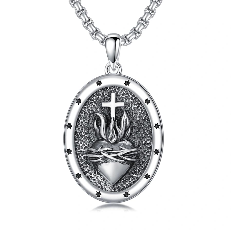 Cross Jesus Christ Sacred Heart Medal Divine Love Flame Necklace S925 Sterling Silver Sacred Heart of Jesus God Necklace Devotional Christian Amulet Unique Jewelry Gift for Men Him