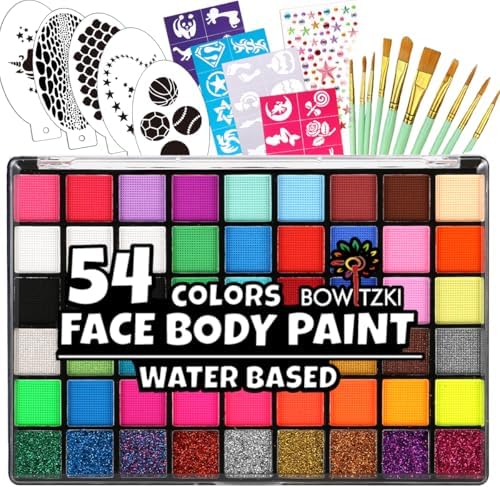 Bowitzki Face Paint Kit with 54 Colors, 8 sheets Stencils, 2 Glitters,10 Brushes, 1 Sheet Gems, Water Based Face Painting Kit, Safe Professional Halloween Party Makeup Set