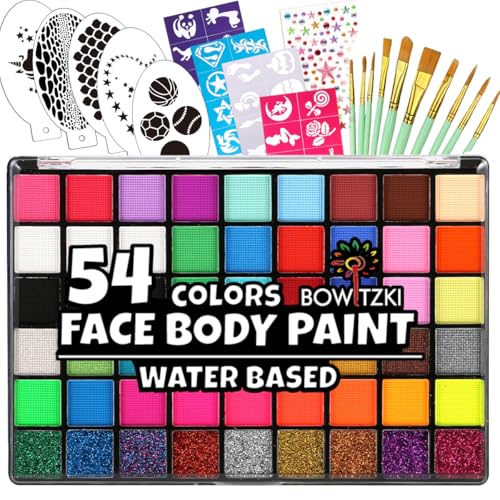 Bowitzki Face Paint Kit with 50 Colors, 8 sheets Stencils, 2 Glitters,10 Brushes, 1 Sheet Gems, Water Based Face Painting Kit, Safe Professional Halloween Party Makeup Set