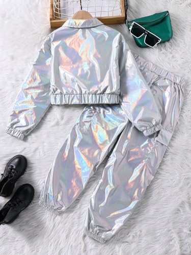 Image of WDIRARA Girl's 2 Piece Holographic Outfit Flap Pocket Zip Up Jacket and Elastic Waist Pants Set