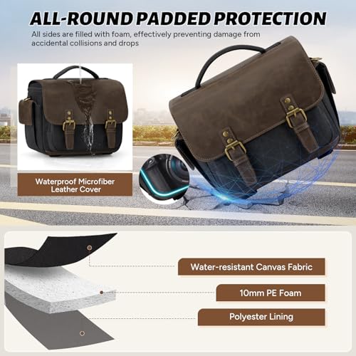 Image of RAINSMORE Camera Bag, Vintage Canvas Camera Sling Bag Crossbody Camera Case | Water-resistant DSLR SLR Mirrorless Camera Bag for Photographer with Rain Cover & Tripod Holder for Sony Canon Nikon Fujifilm