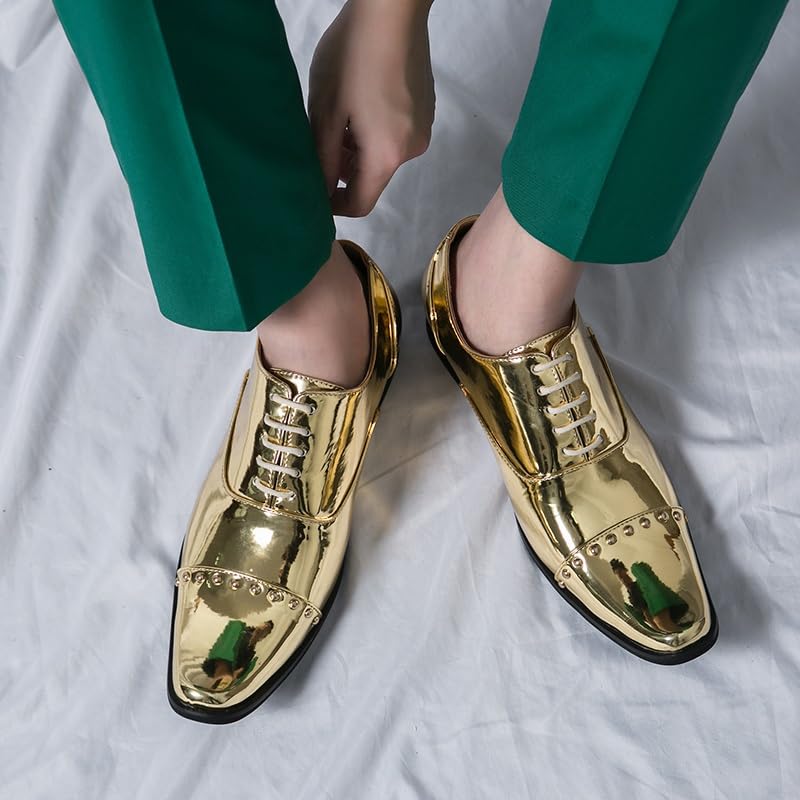 Oxford Formal Shoes for Men Lace Up Square Toe PU Leather Cap Toe Oxford Shoes Rubber Sole Low Top Slip Resistant Prom(Golden,10)4