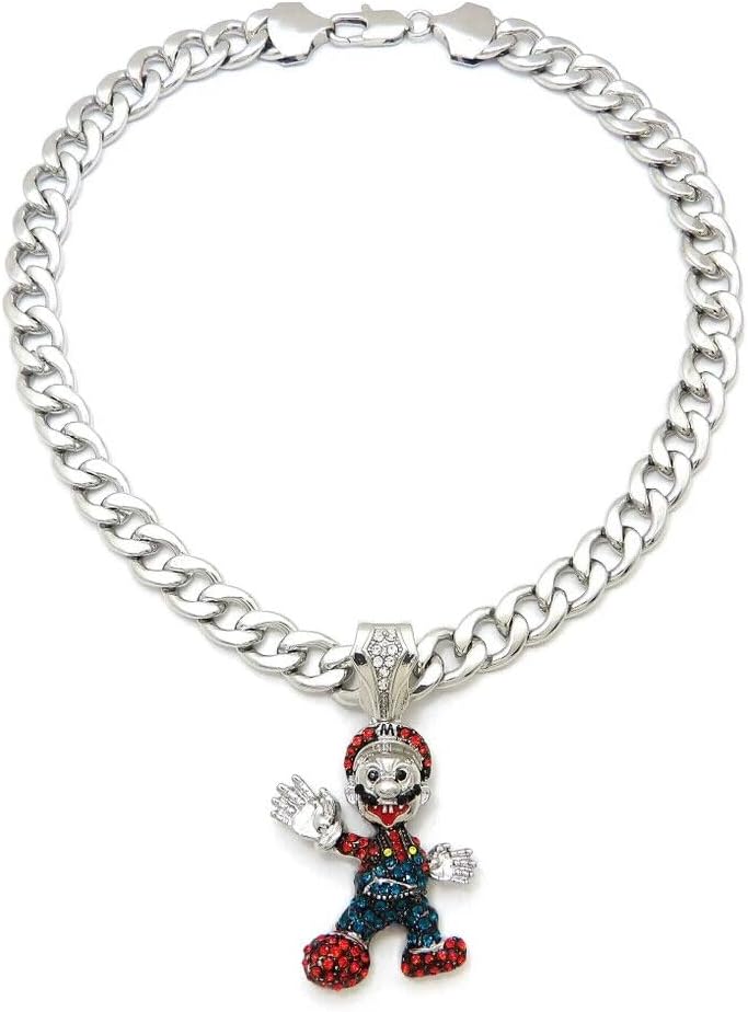 Hip Hop iced Jewelry Gold Silver Plated Mario Charm Cubic Zirconia Pendant & 10mm 18" 20" 24" 30" Cuban Chain Necklace Gift
