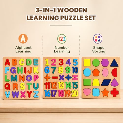 Image of Wooden ABC Number & Shape Puzzle Board, Set of 3, Age 2-5 Years