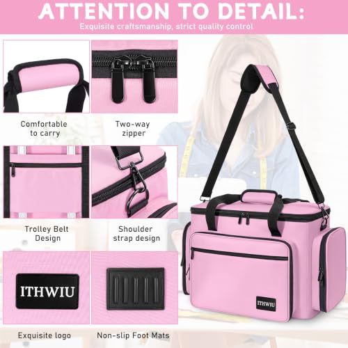 Image of Sewing Machine Carrying Case with Multiple Storage Pockets Large Capacity, Universal Tote Storage Bag Compatible with Most Standard Singer, Brother, Janome, Pink