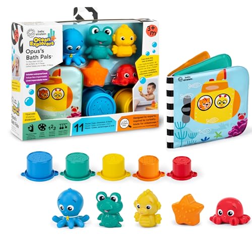Image of Baby Einstein Ocean Explorers Opus Bath Pals 11-Piece Gift Set, Waterproof Bath Book, Bath Cups, Animal Shape Bath Toys for Baby and Toddler, Ages 3 Months and Up